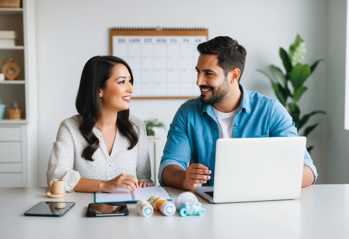 A couple sitting at a table with a calendar, baby items, and a laptop, discussing and planning their registry