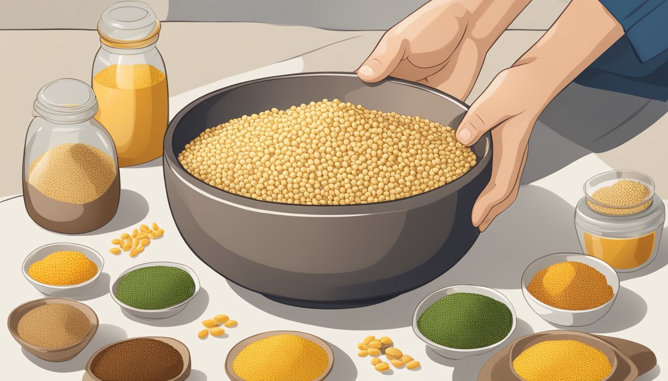 A person holding a bowl of cooked millet, surrounded by various millet-based food items and a nutrition label