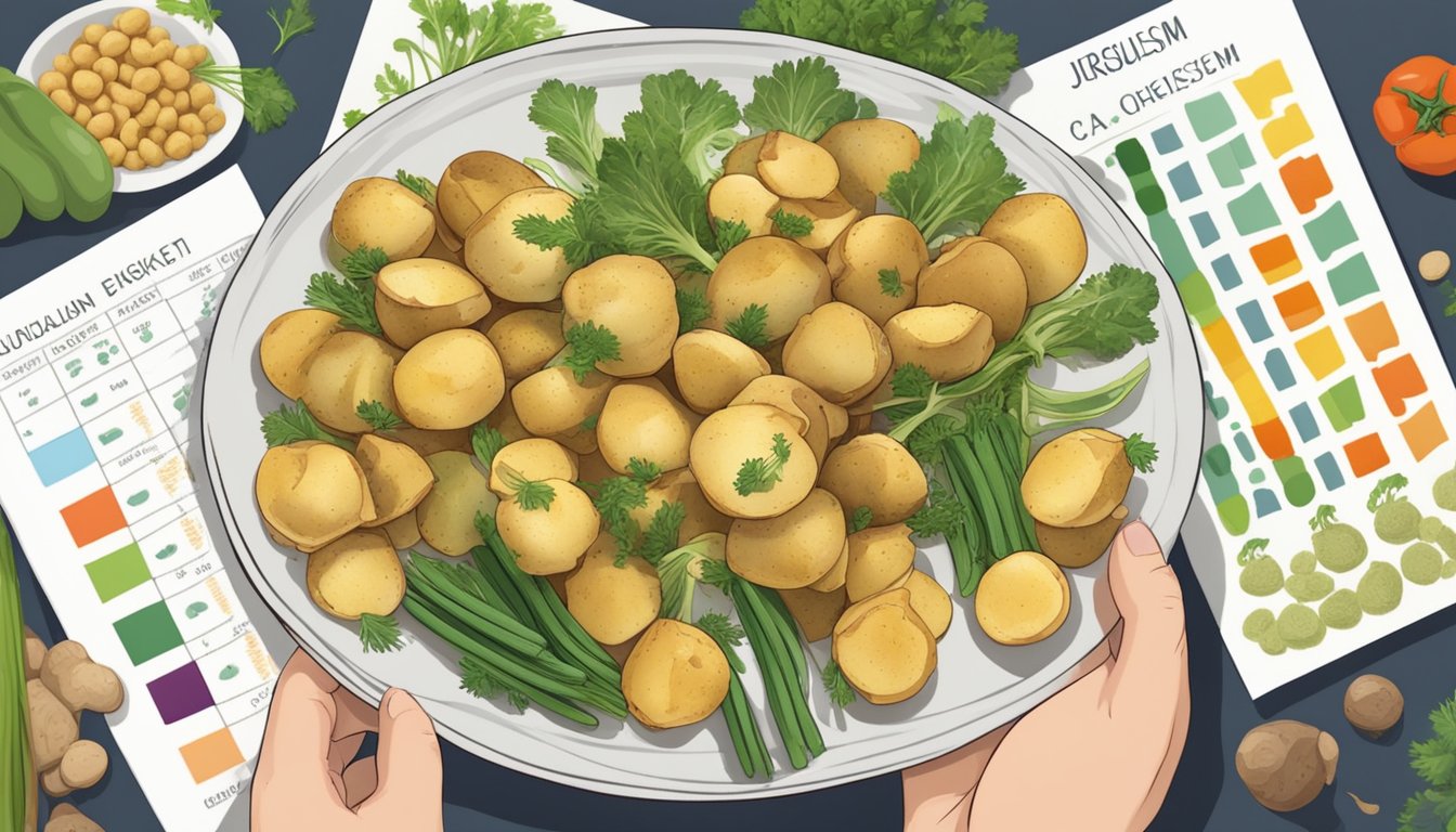 A person holding a plate of cooked Jerusalem artichokes, surrounded by various vegetables and a nutritional chart