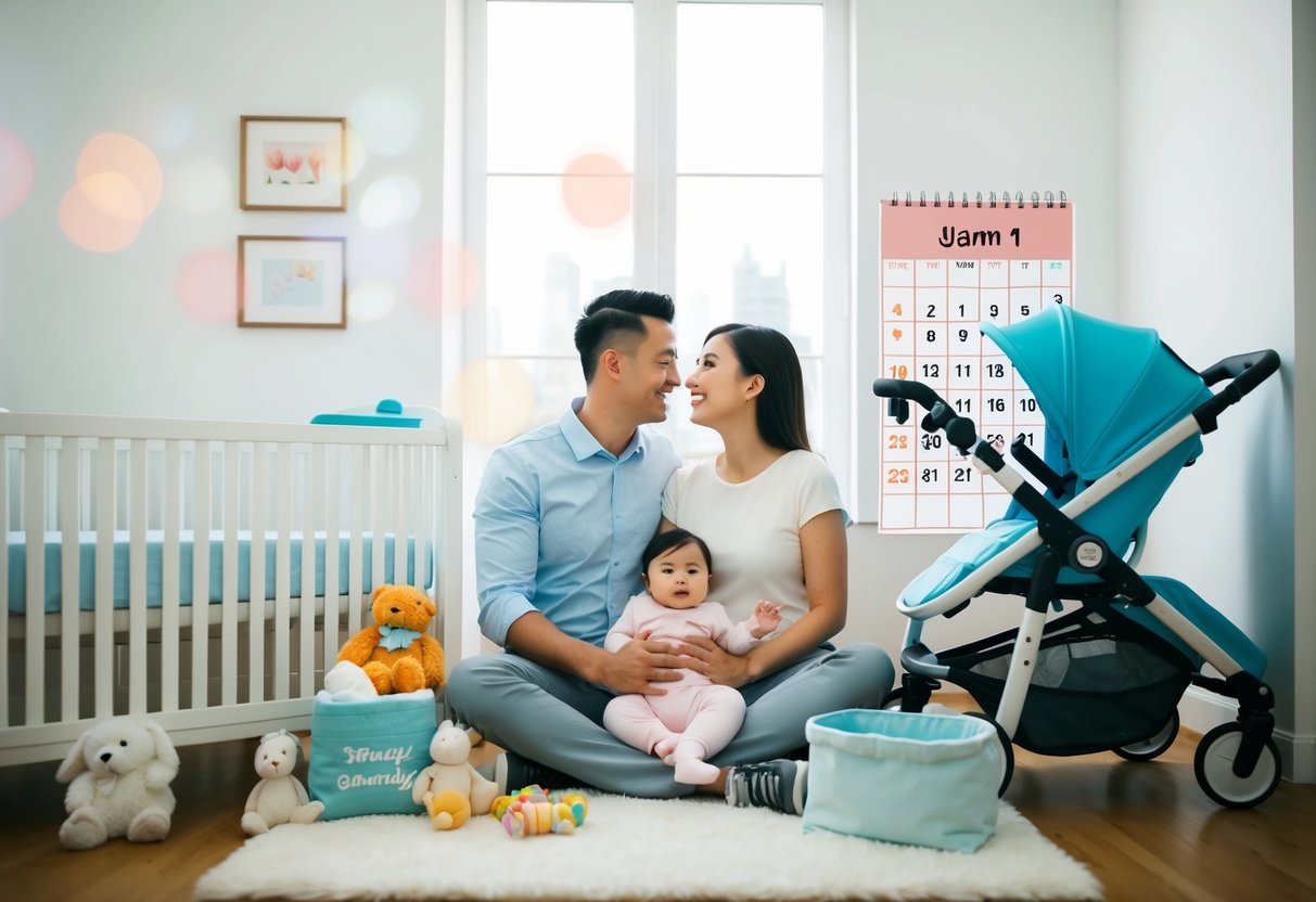 A couple surrounded by baby items, from cribs to strollers, with a calendar showing the due date highlighted