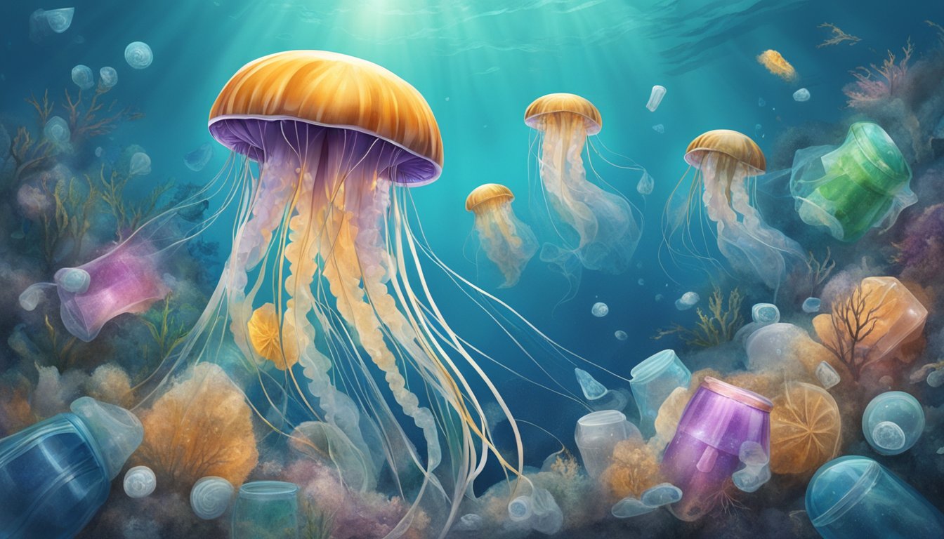 A jellyfish surrounded by plastic waste in a polluted ocean