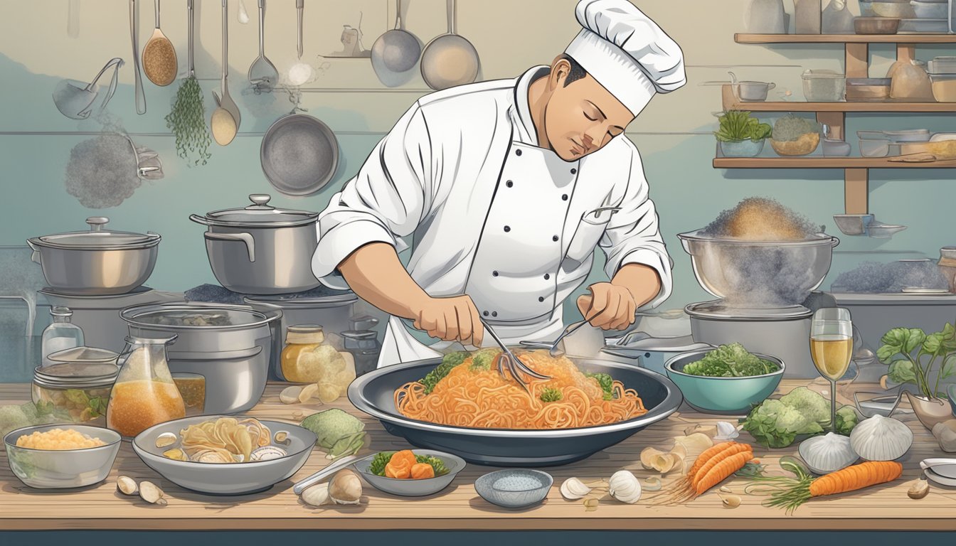 A chef preparing a dish with jellyfish, surrounded by various cooking ingredients and utensils