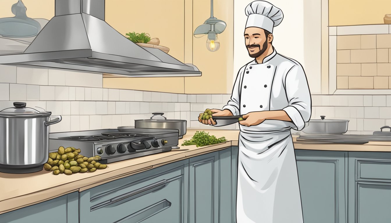 A chef confidently preparing and cooking Jerusalem artichokes in a clean, organized kitchen