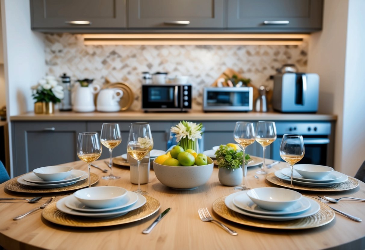 A table set with elegant dinnerware and a variety of kitchen appliances and home goods displayed