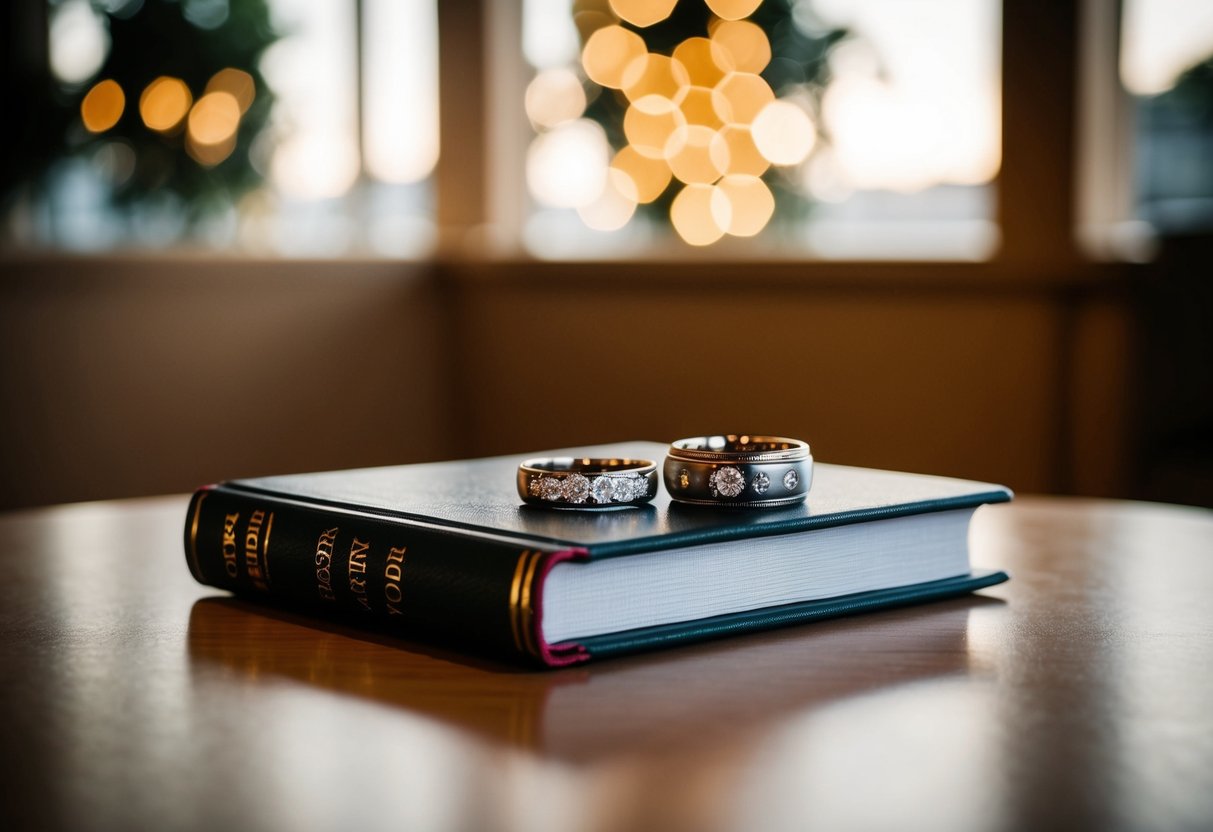 A table with two elegant wedding bands and a registry book on top