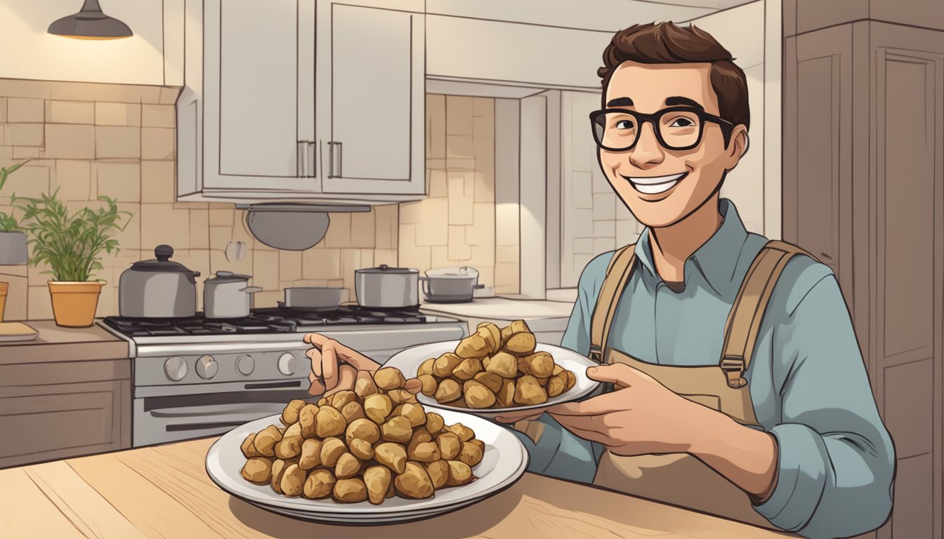 A person holding a plate of cooked Jerusalem artichokes, with a reassuring smile on their face. A sign nearby reads "Safe Consumption."