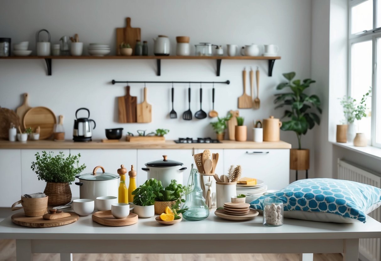A table with various household items, such as kitchenware, bedding, and home decor, displayed in an organized and aesthetically pleasing manner