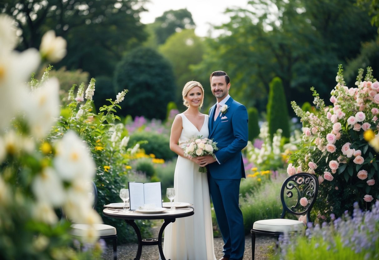 A couple stands in a garden, surrounded by blooming flowers and a serene atmosphere. A small table is set with elegant dinnerware, and a registry book sits open nearby