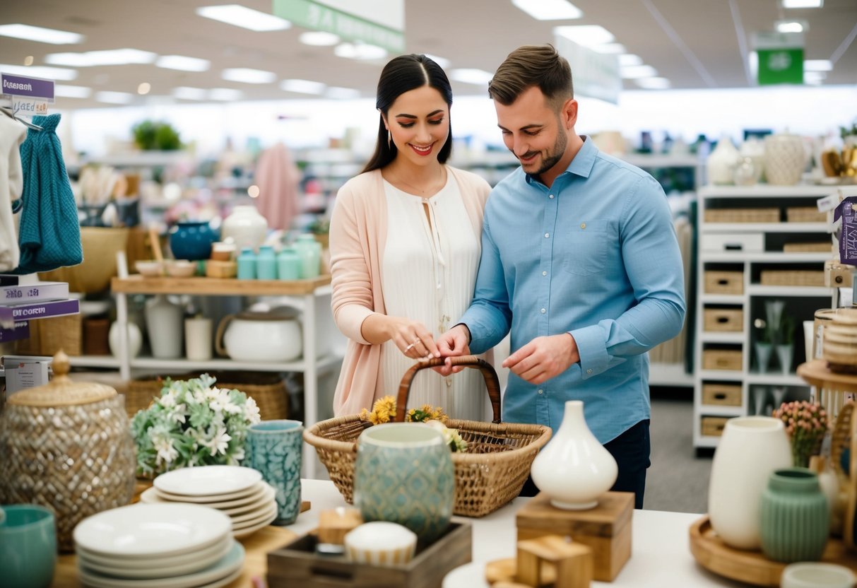 A couple browsing through a variety of household items and decor in a department store, selecting items for their second wedding registry