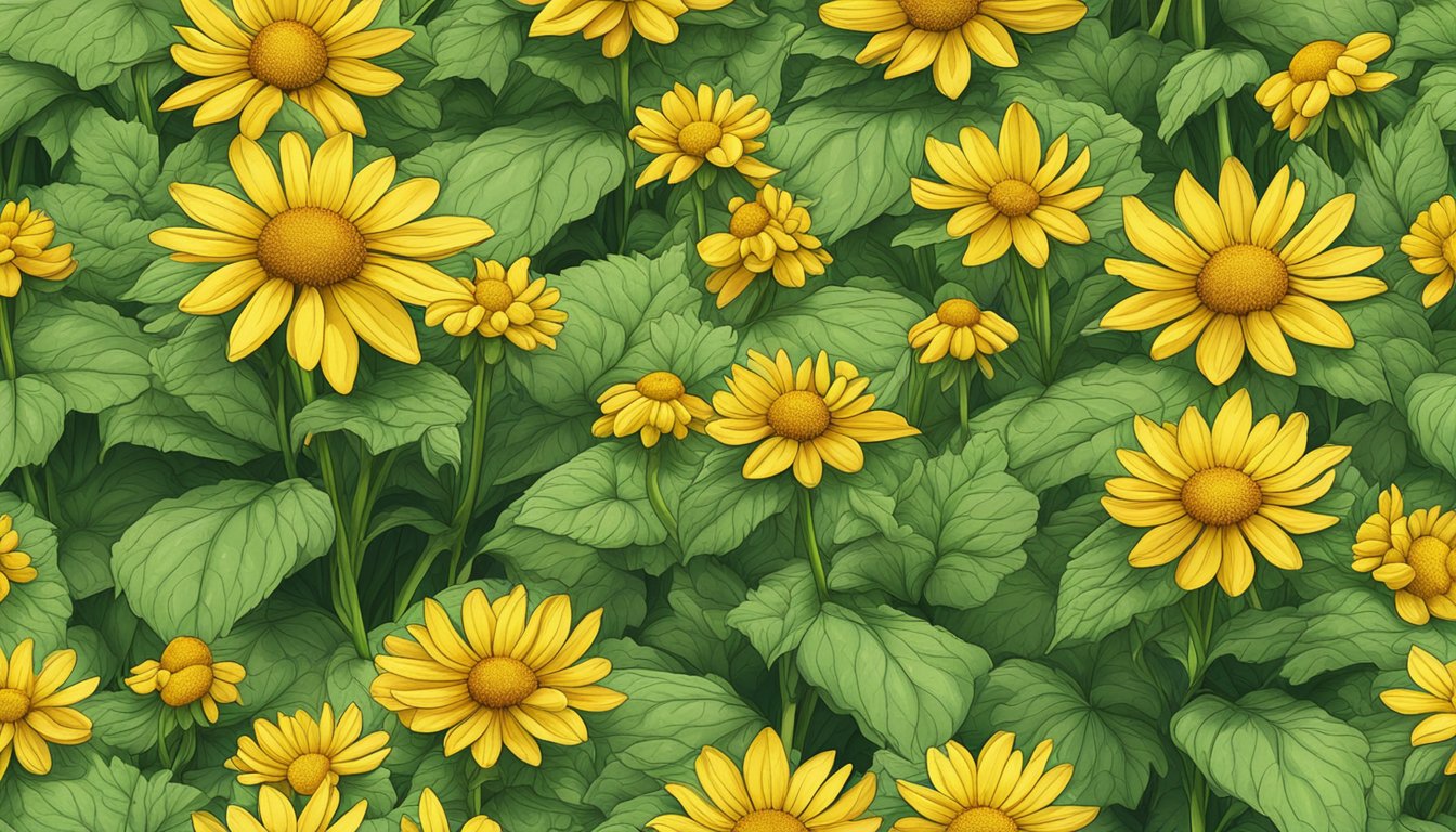 A sunny field of tall, green Jerusalem artichoke plants with vibrant yellow flowers, surrounded by healthy, fertile soil