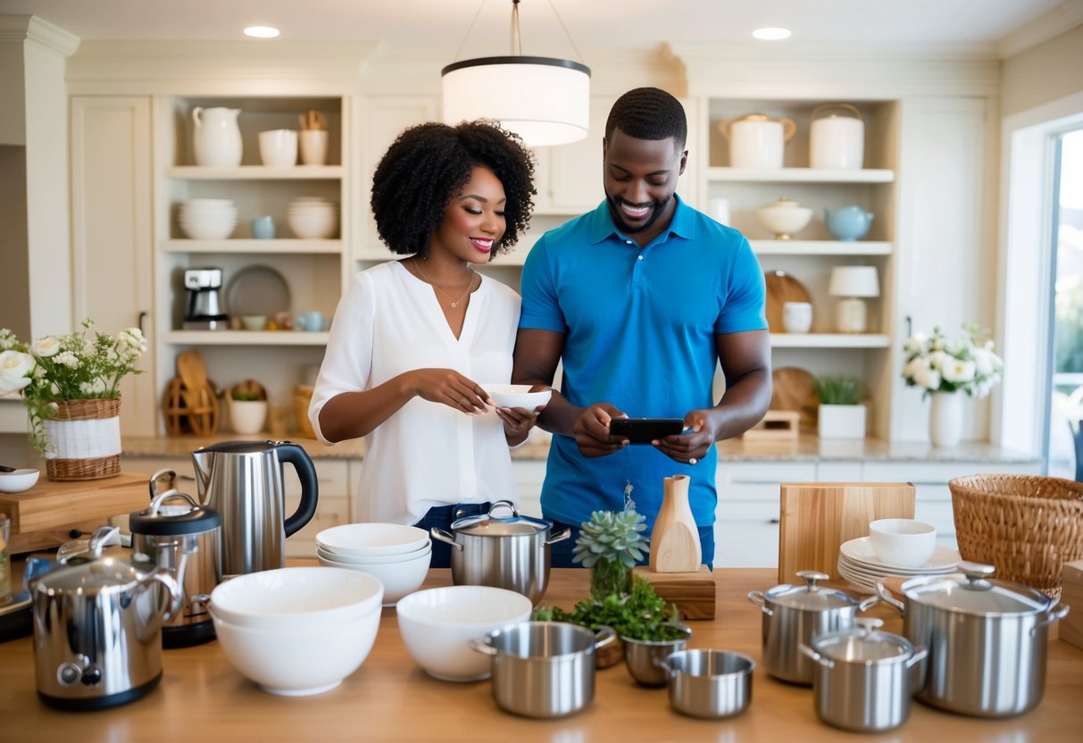 A couple browsing through a variety of household items, from kitchenware to home decor, as they set up their wedding registry for their second marriage