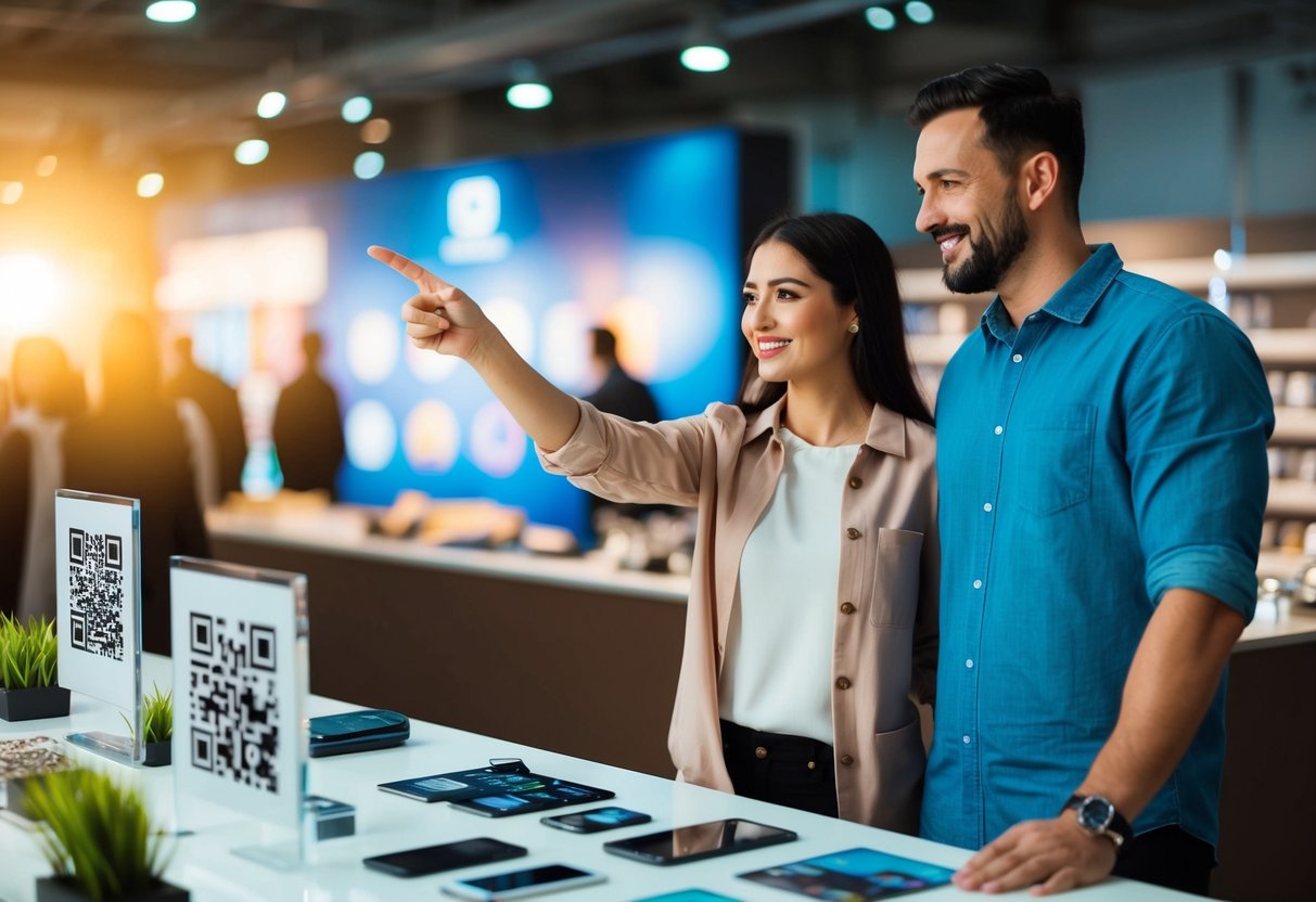 A couple standing beside a table with various items on display, pointing to a QR code and smiling