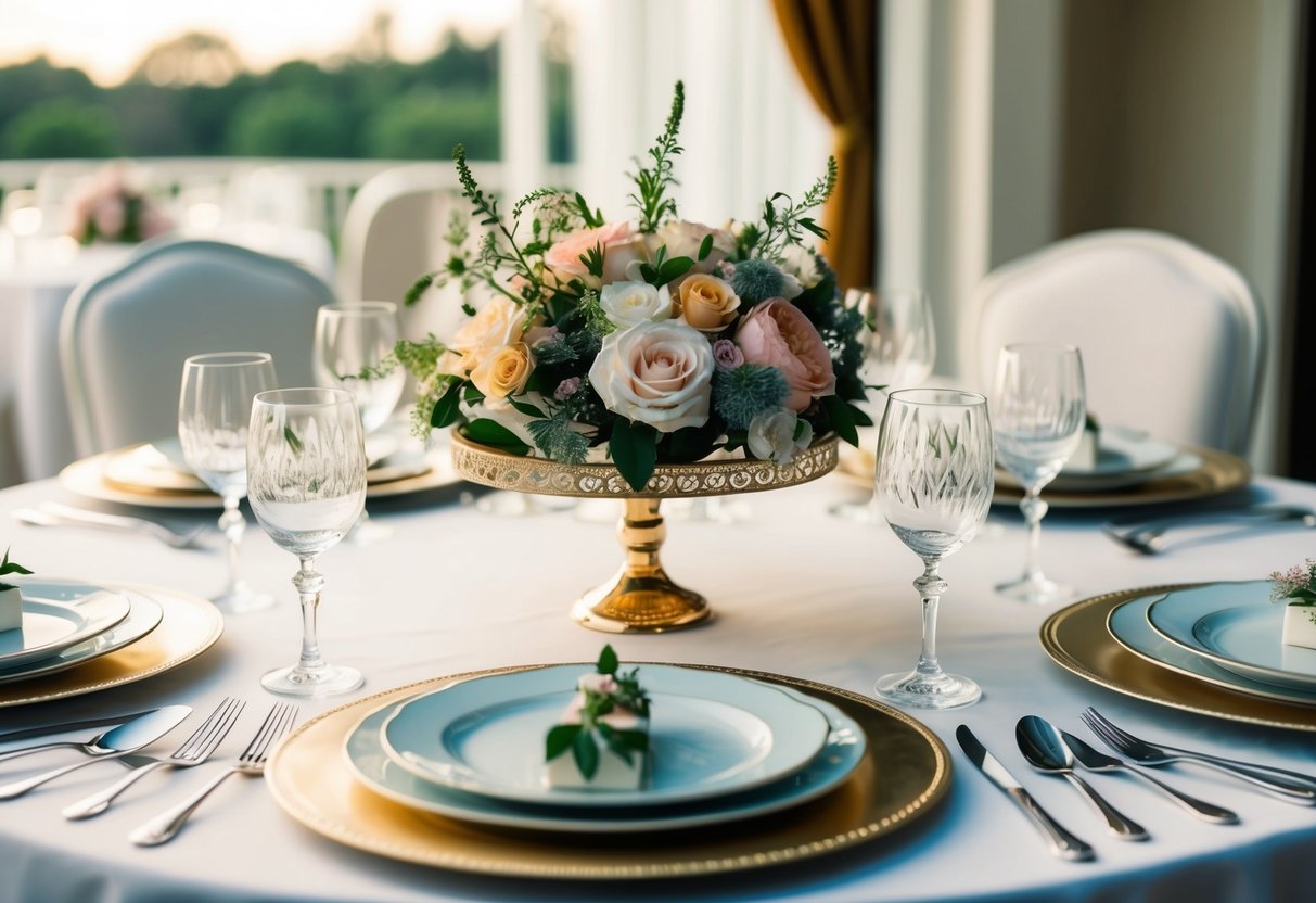 A table with elegant dinnerware and glassware, a decorative cake stand, and a beautifully arranged floral centerpiece