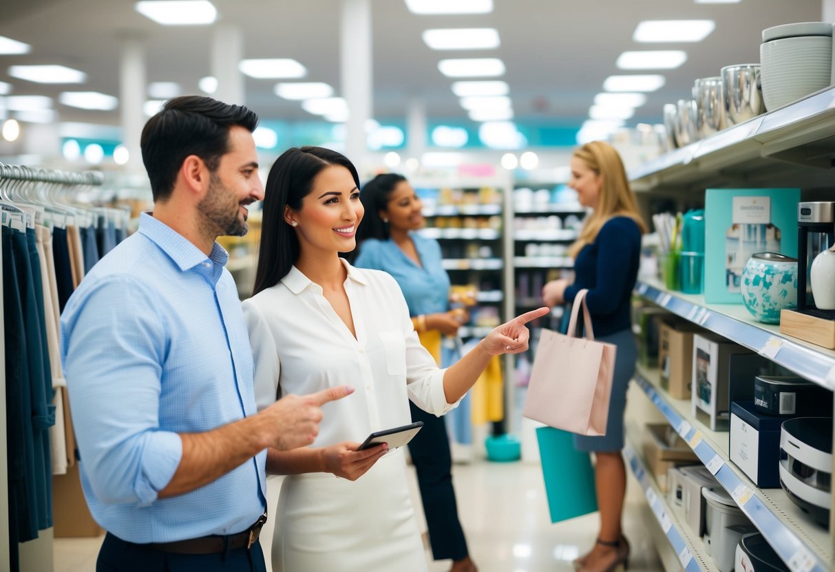A couple browsing through a variety of household items, pointing and discussing potential registry items at a department store