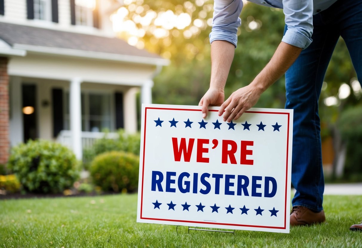 A couple placing a "We're Registered" sign on their front yard