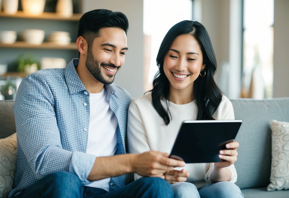 A couple sits together, smiling, as they use a tablet to personalize their wedding registry. Items such as kitchenware and home goods are displayed on the screen