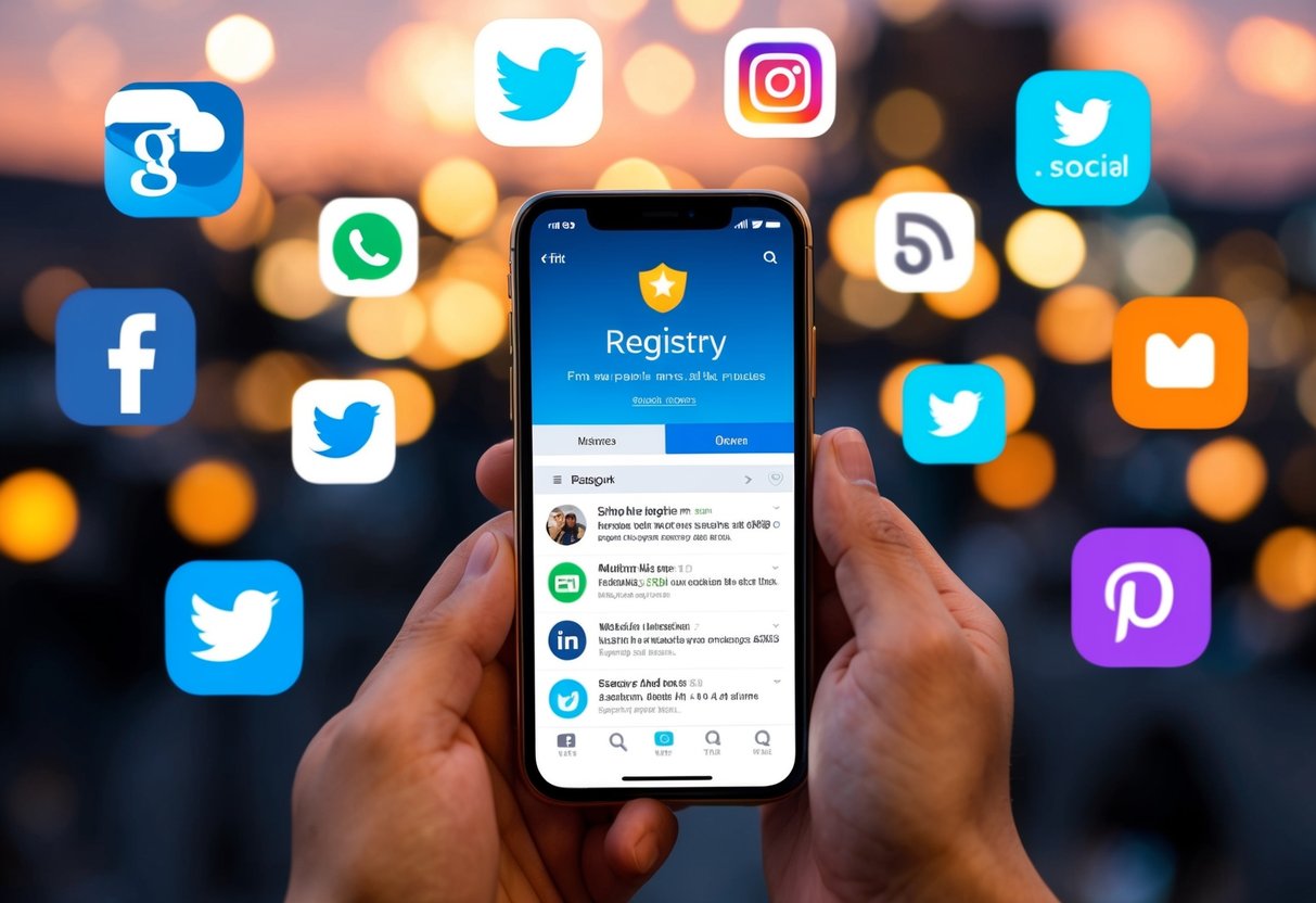 A smartphone with a registry website open, surrounded by social media icons and notifications