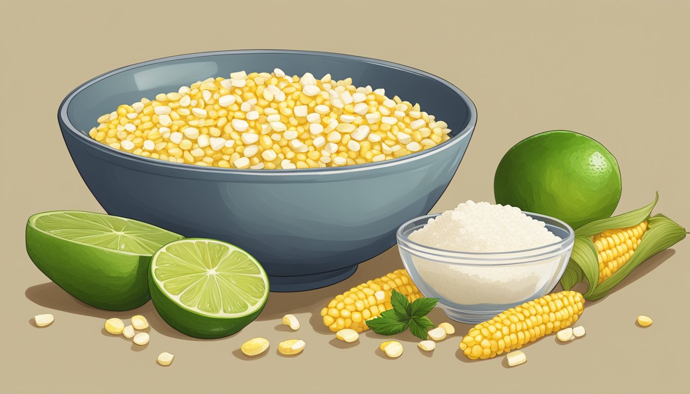 A bowl of masa harina surrounded by fresh corn, lime, and a measuring cup of water