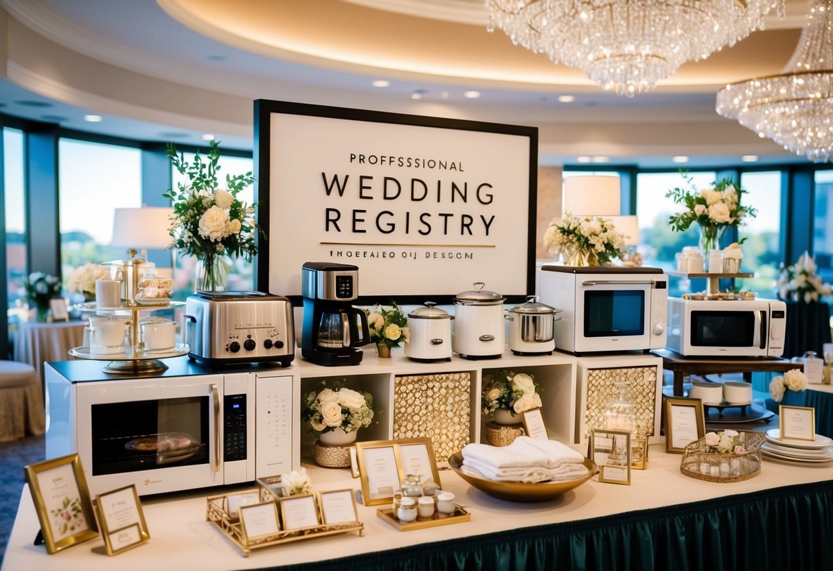 A beautifully decorated wedding registry display with an array of items such as kitchen appliances, home decor, and luxury bedding