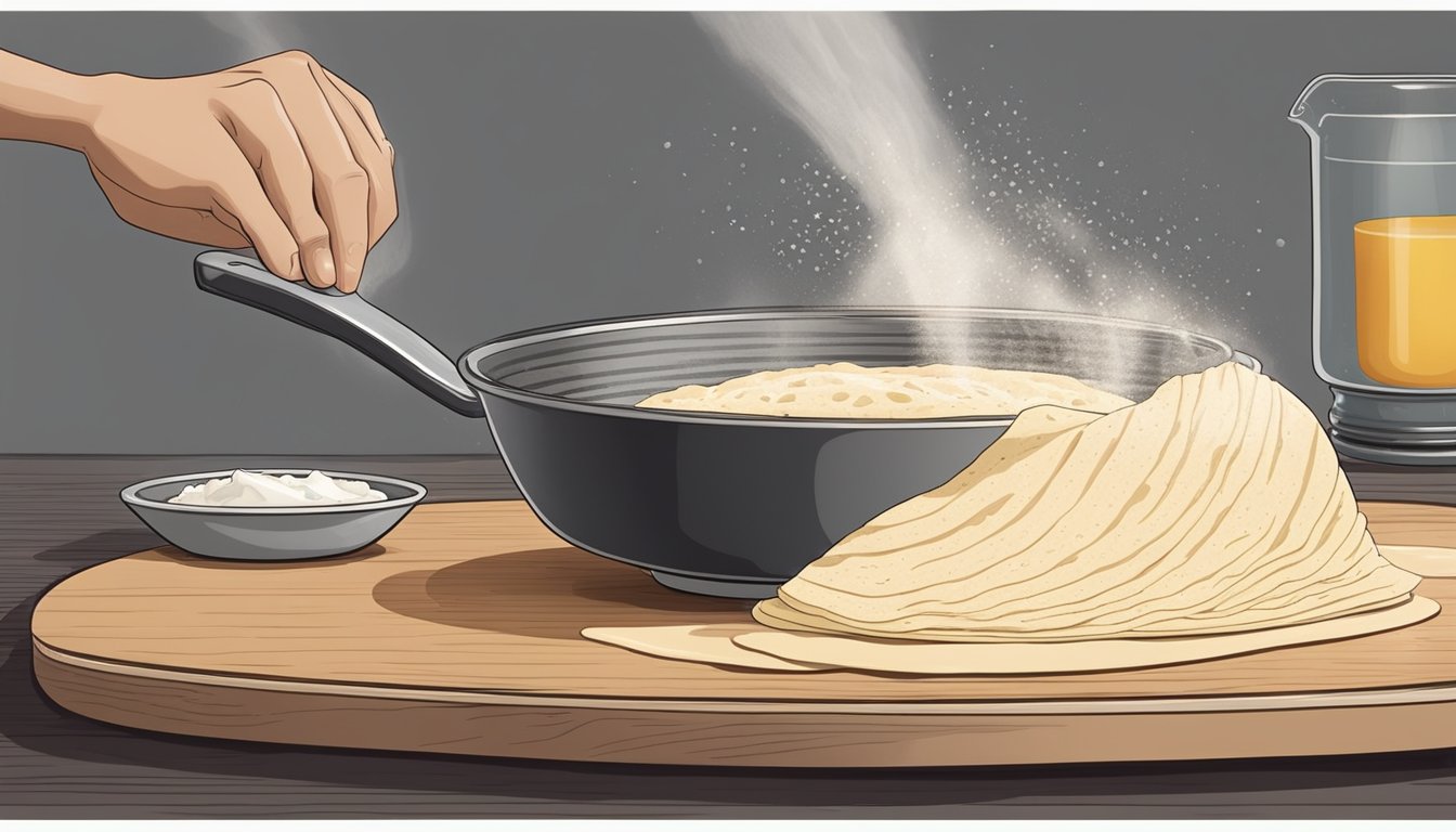 A bowl of masa harina being mixed with water, forming a smooth dough, with a tortilla press and freshly made tortillas on a griddle