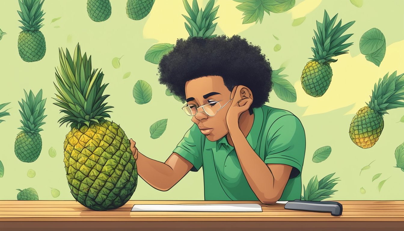 A person cutting into an unripe pineapple, with a concerned expression and a question mark hovering above their head