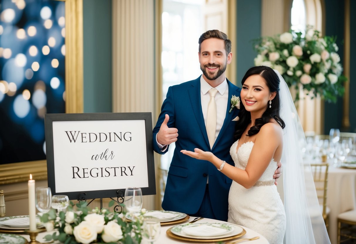 A couple standing next to a beautifully decorated table with a sign indicating their wedding registry, smiling and gesturing towards the items