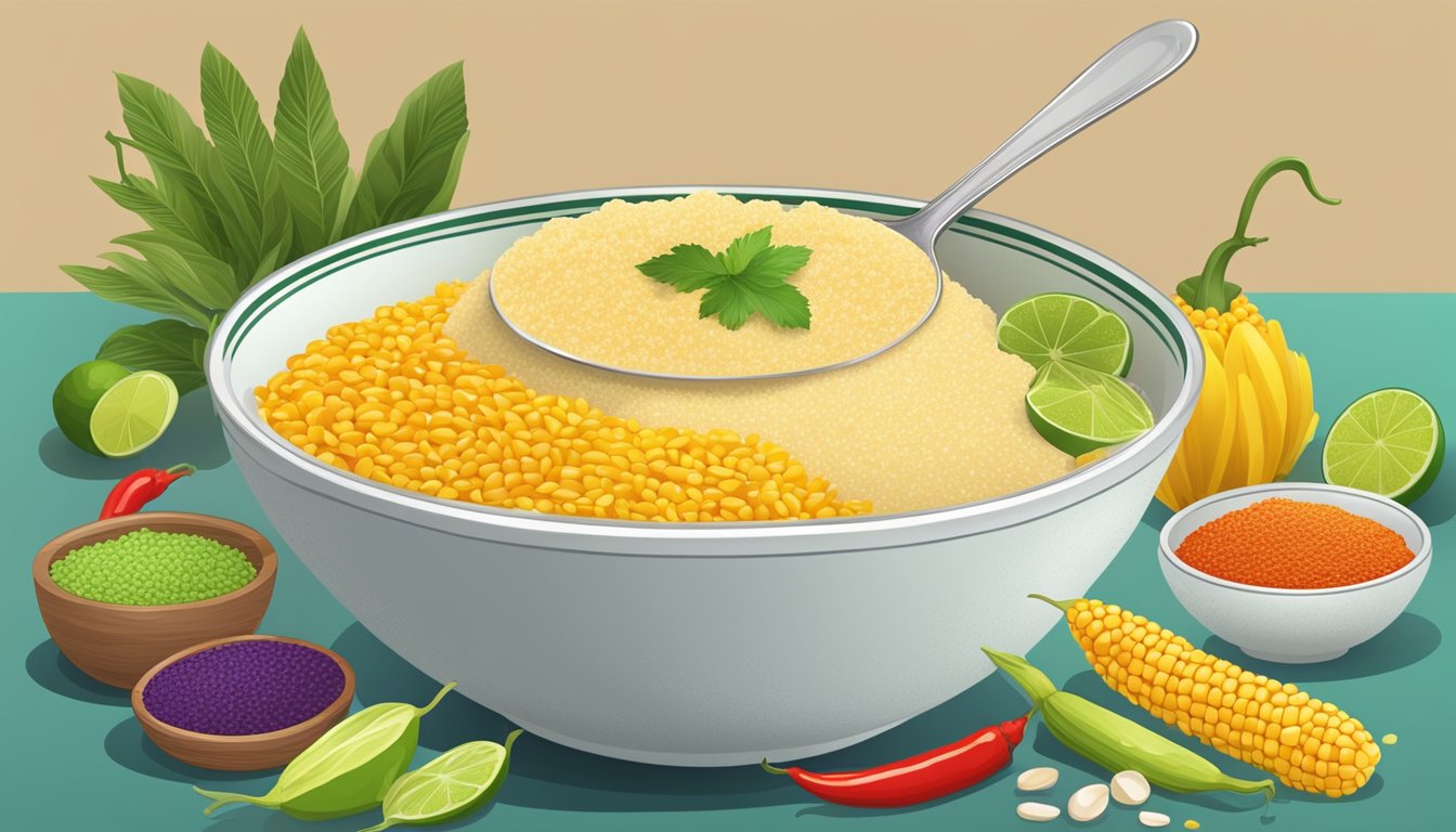 A bowl of masa harina with a spoon, surrounded by colorful ingredients like corn, lime, and chili peppers