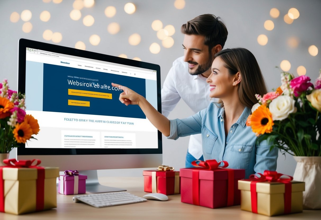 A couple pointing to a website on a computer screen, surrounded by gift boxes and flowers