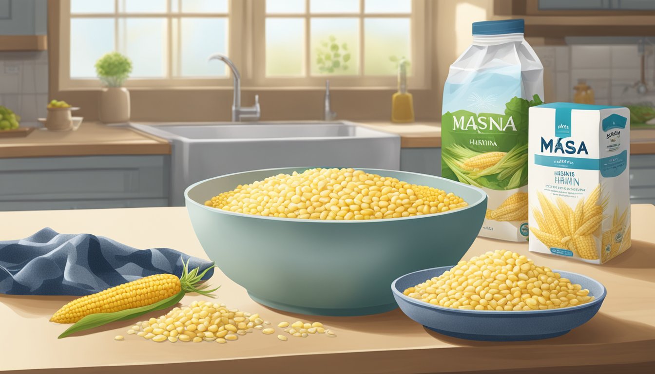 A bag of masa harina sits on a clean, well-lit kitchen counter, surrounded by fresh corn and a bowl of water