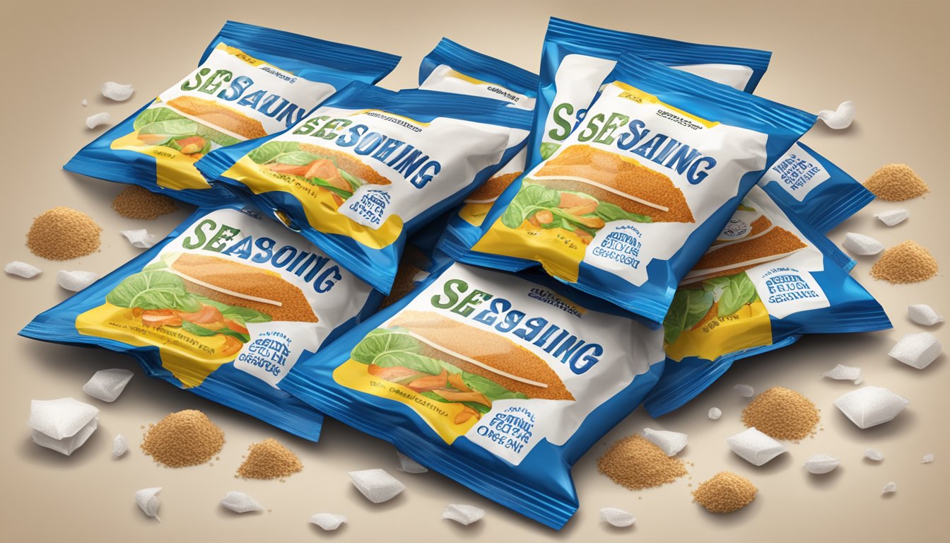 A pile of expired sodium-free seasoning packets next to fresh ones, with a visible difference in color and texture