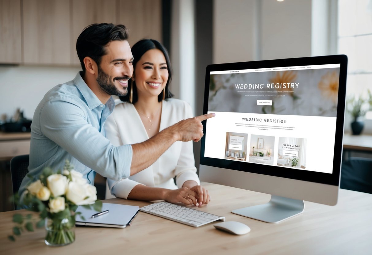 A couple pointing to a wedding registry website on a computer screen while smiling