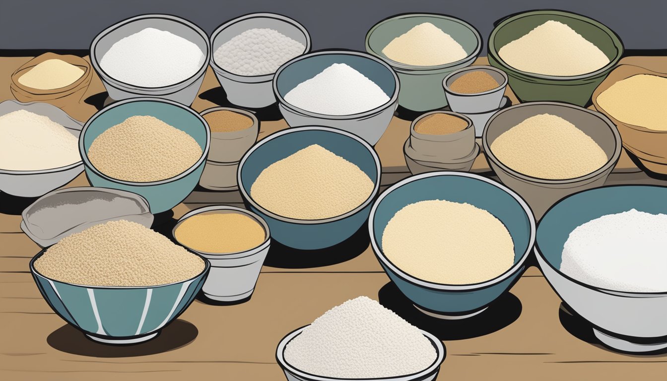 A bowl of masa harina sits next to bags of related flours, each labeled with their respective names