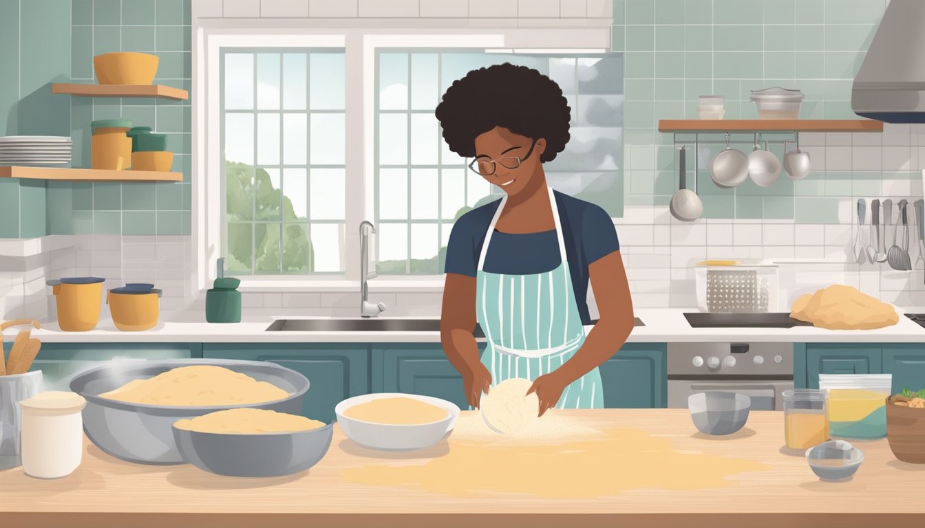 A person mixing masa dough in a clean kitchen, with ingredients and safety tips displayed nearby