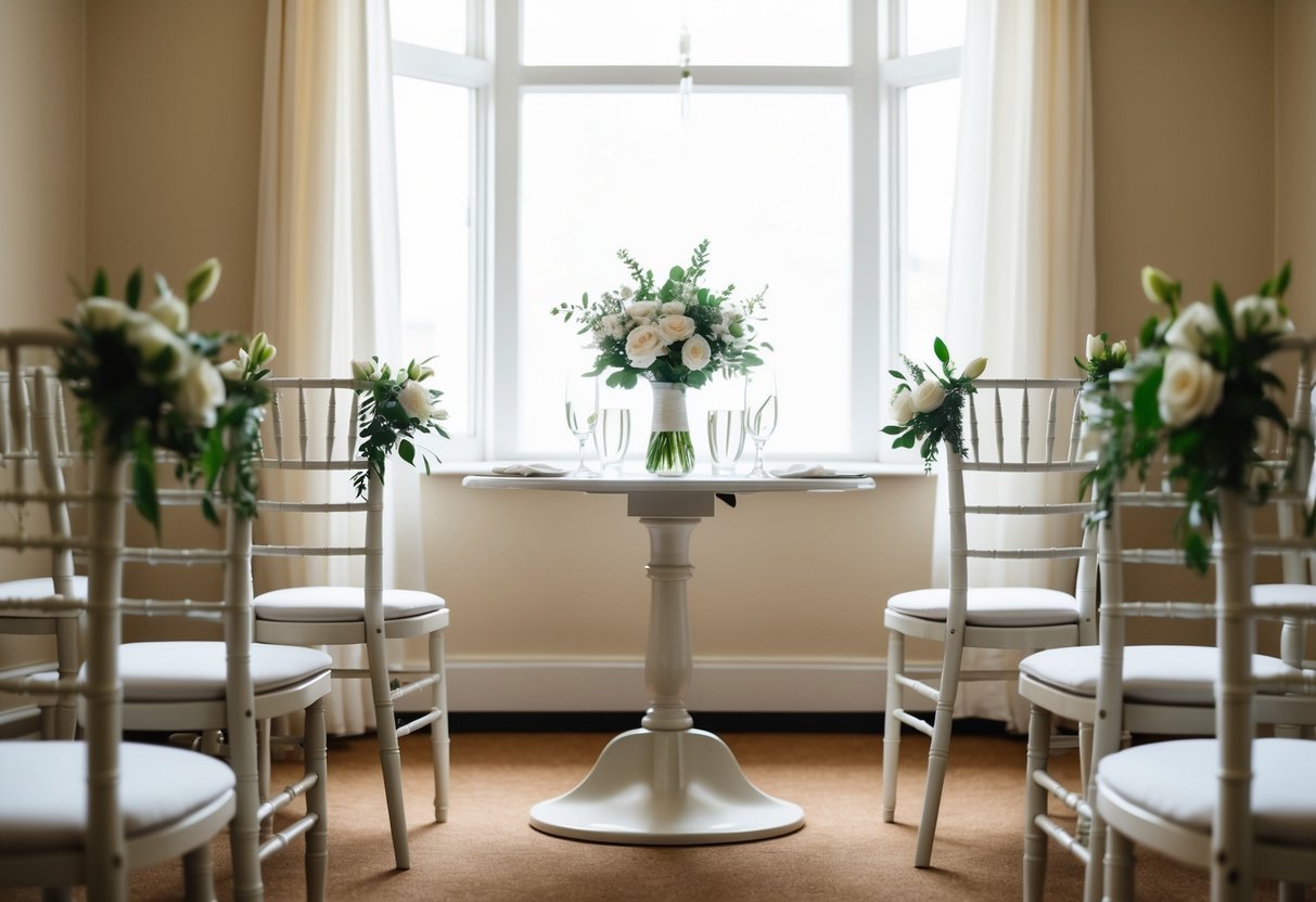 A small, elegant room with a simple table and chairs, adorned with fresh flowers and soft lighting, set for a small, intimate wedding ceremony