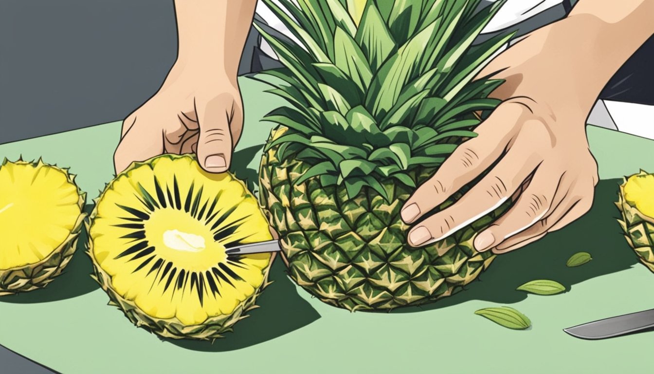 A person cutting open a pineapple to reveal its unripe, greenish interior as digestive enzymes react with the fruit