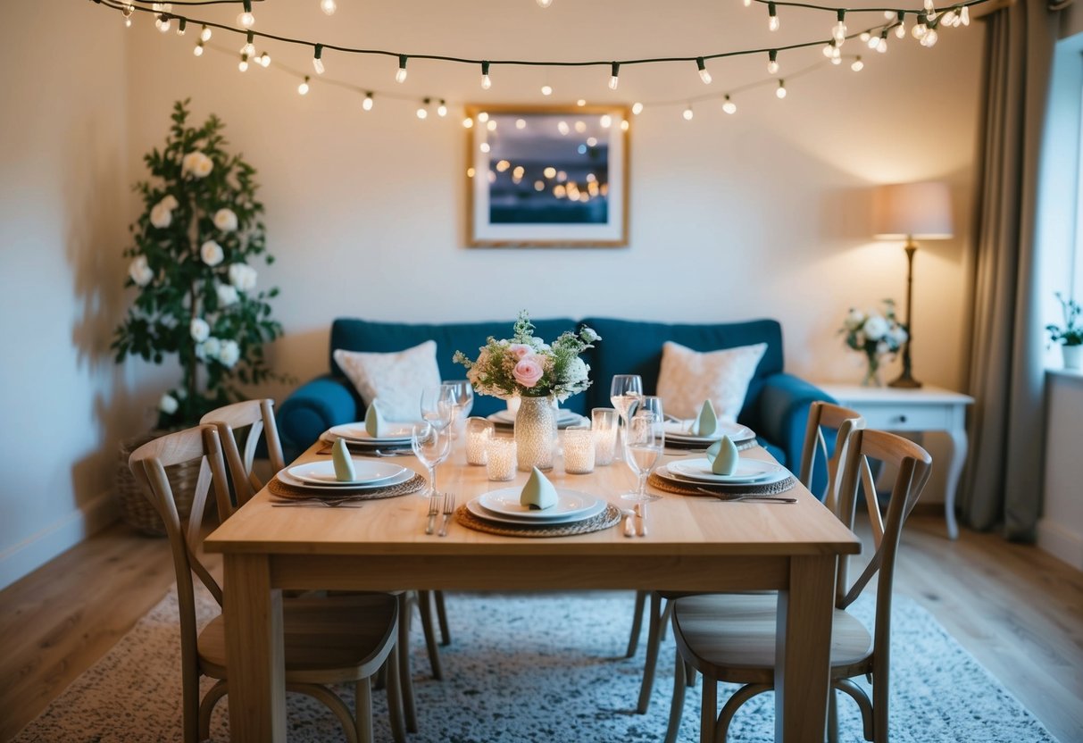 A cozy living room with a table set for a small wedding celebration, surrounded by twinkling lights and blooming flowers