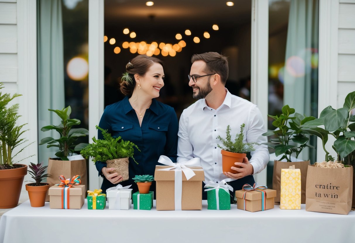 A couple receiving various alternative gifts such as potted plants, handmade crafts, and charitable donations in lieu of a traditional wedding registry