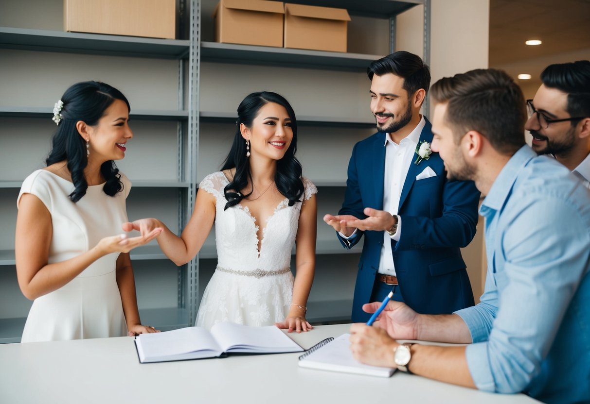 A couple discussing their wedding plans with friends, gesturing towards empty shelves and a blank notebook