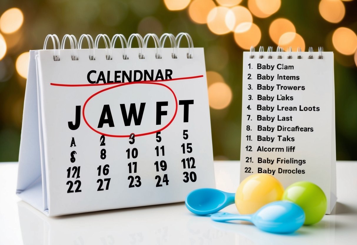 A calendar with the current date circled and a list of baby items next to it