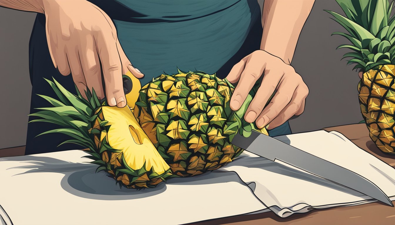 A person cutting open an unripe pineapple to show the inside