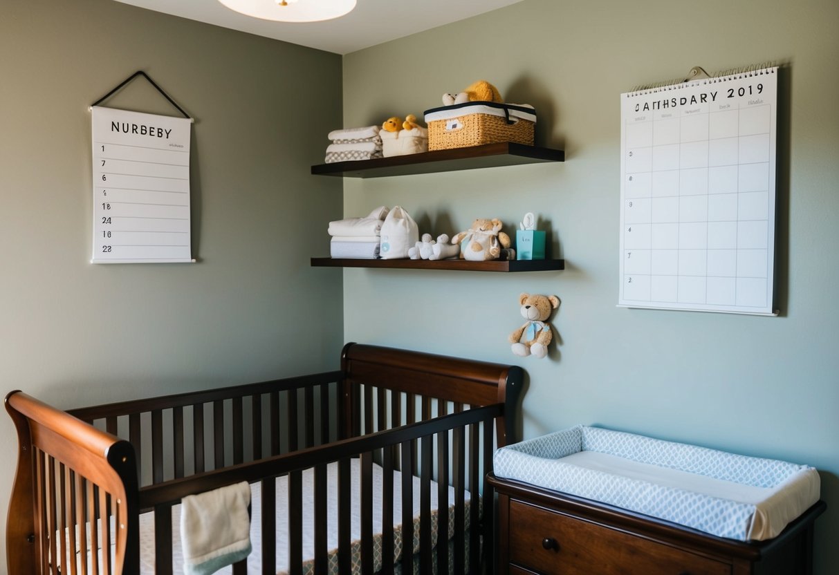 A cozy nursery with shelves of baby items, a crib, and a changing table. A calendar on the wall shows the current week