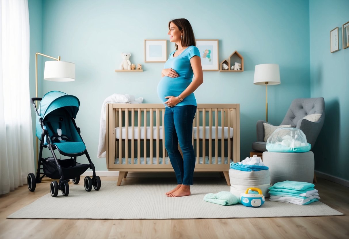A person standing in a nursery, surrounded by baby items like a crib, stroller, and diapers, contemplating whether it's too early to start a registry at 7 weeks pregnant