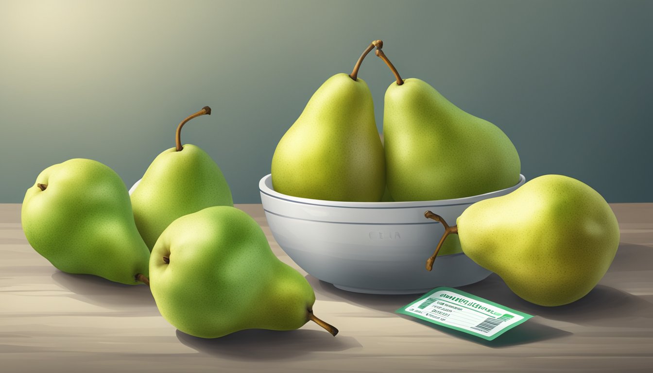 A bowl of unripe pears next to a ripe pear, with a nutrition label and a question mark above