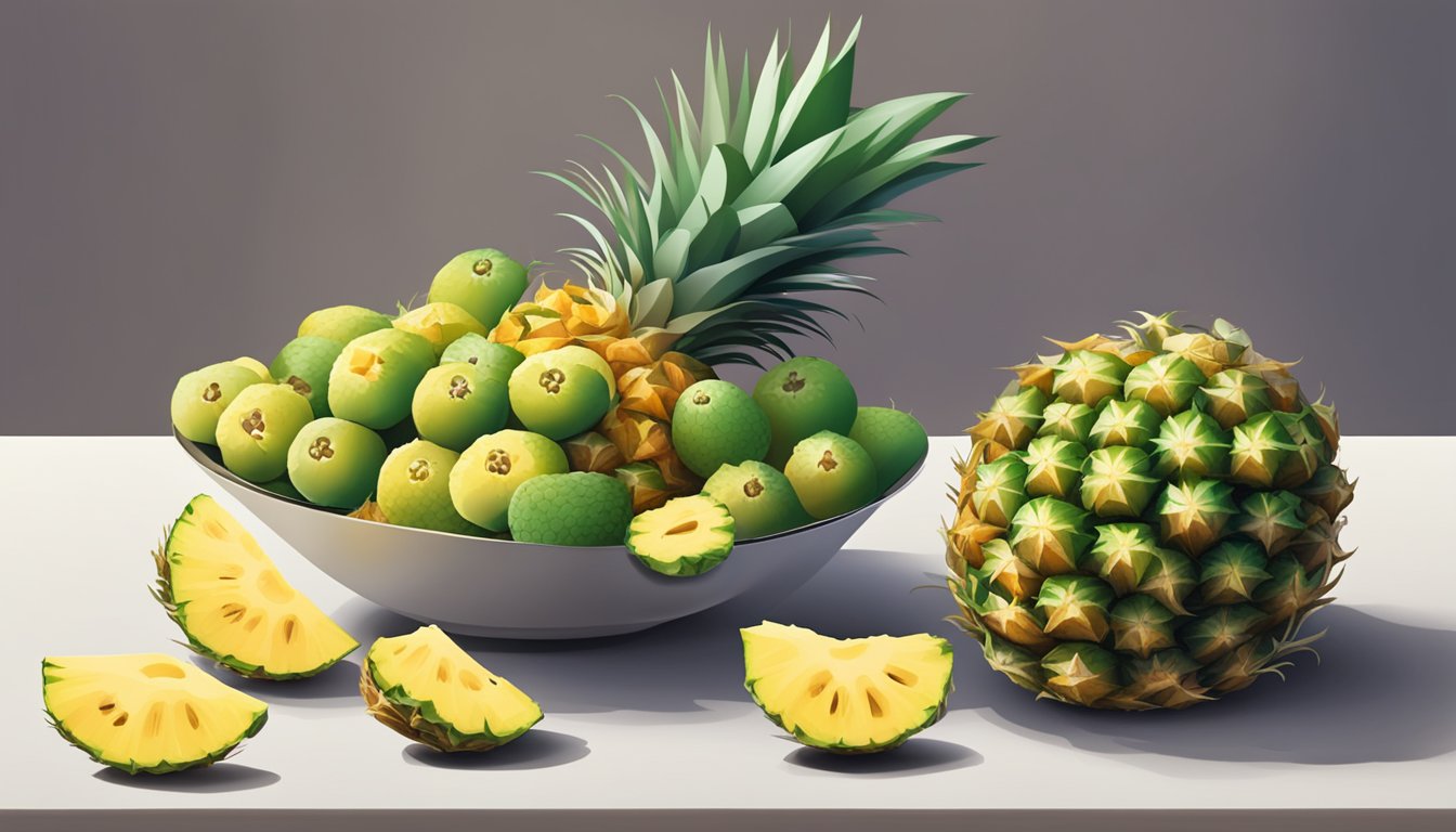 A pile of unripe pineapples next to a bowl of ripe fruit, with a question mark hovering above the unripe ones