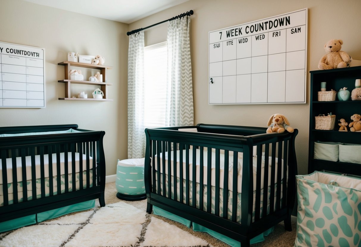 A cozy nursery with a crib, changing table, and shelves filled with baby essentials. A calendar on the wall marks the 7-week countdown