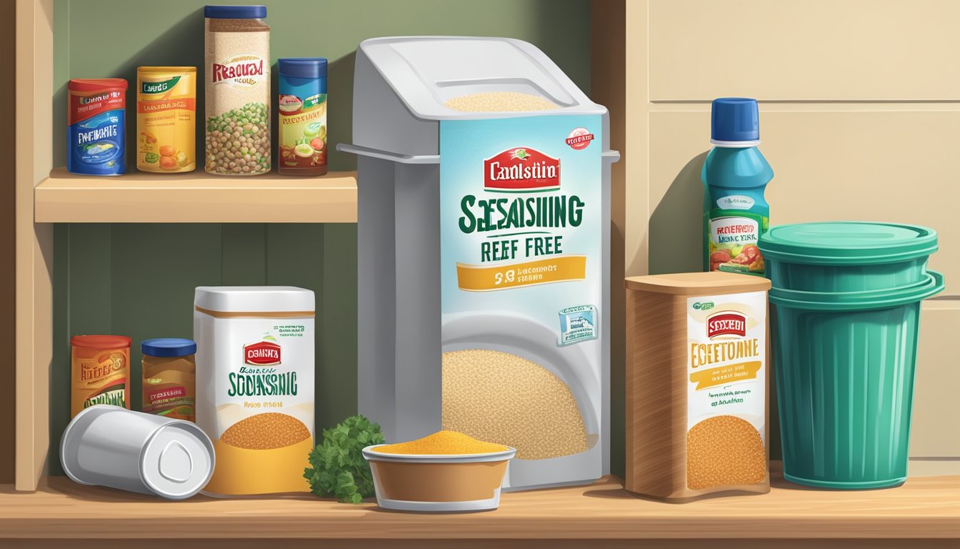 A pantry shelf with expired sodium-free seasoning next to a trash can