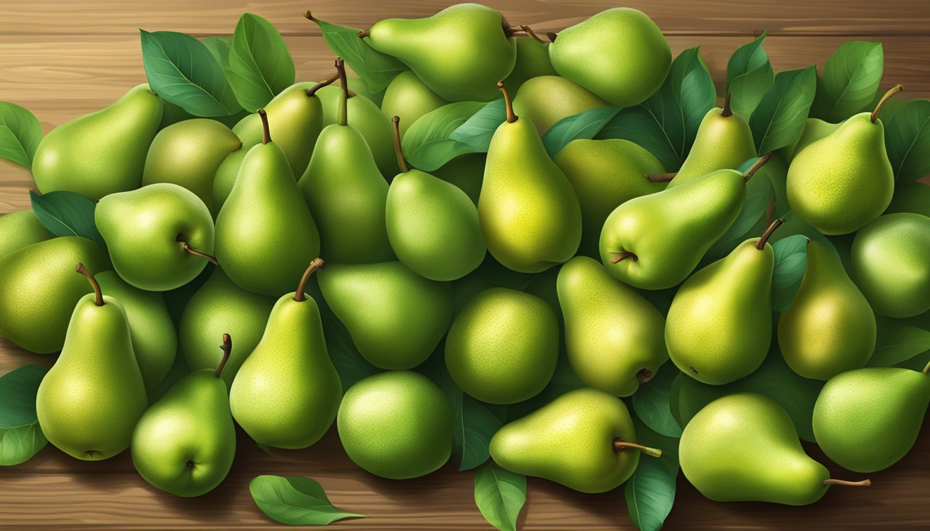 A pile of unripe pears on a wooden table, some still green with hints of yellow, others completely green and firm