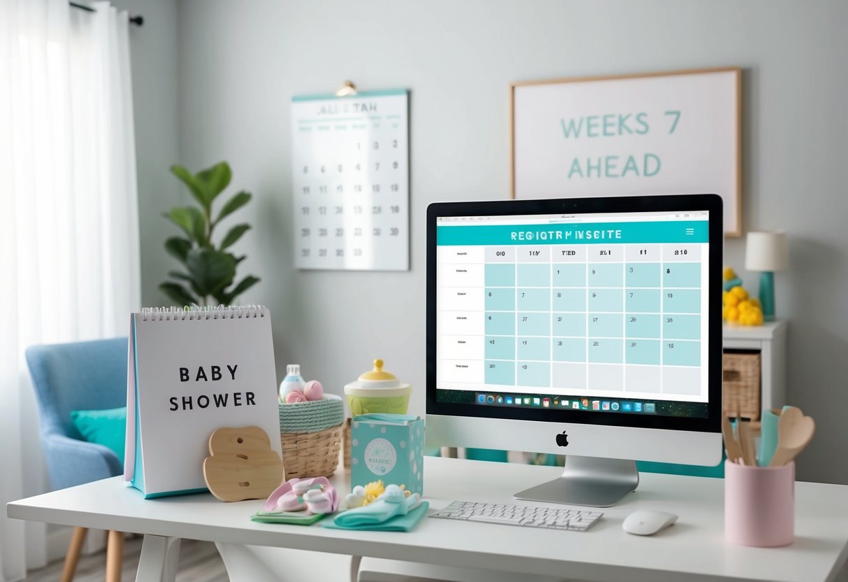 A room with a calendar showing 7 weeks ahead, a table with baby shower items, and a computer open to a registry website