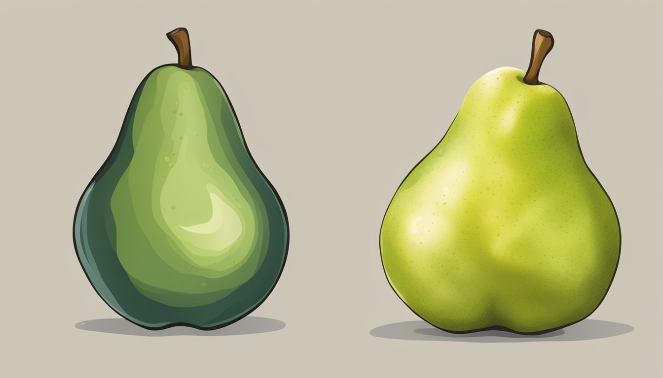 A ripe pear next to an unripe pear, showing the difference in color, texture, and size