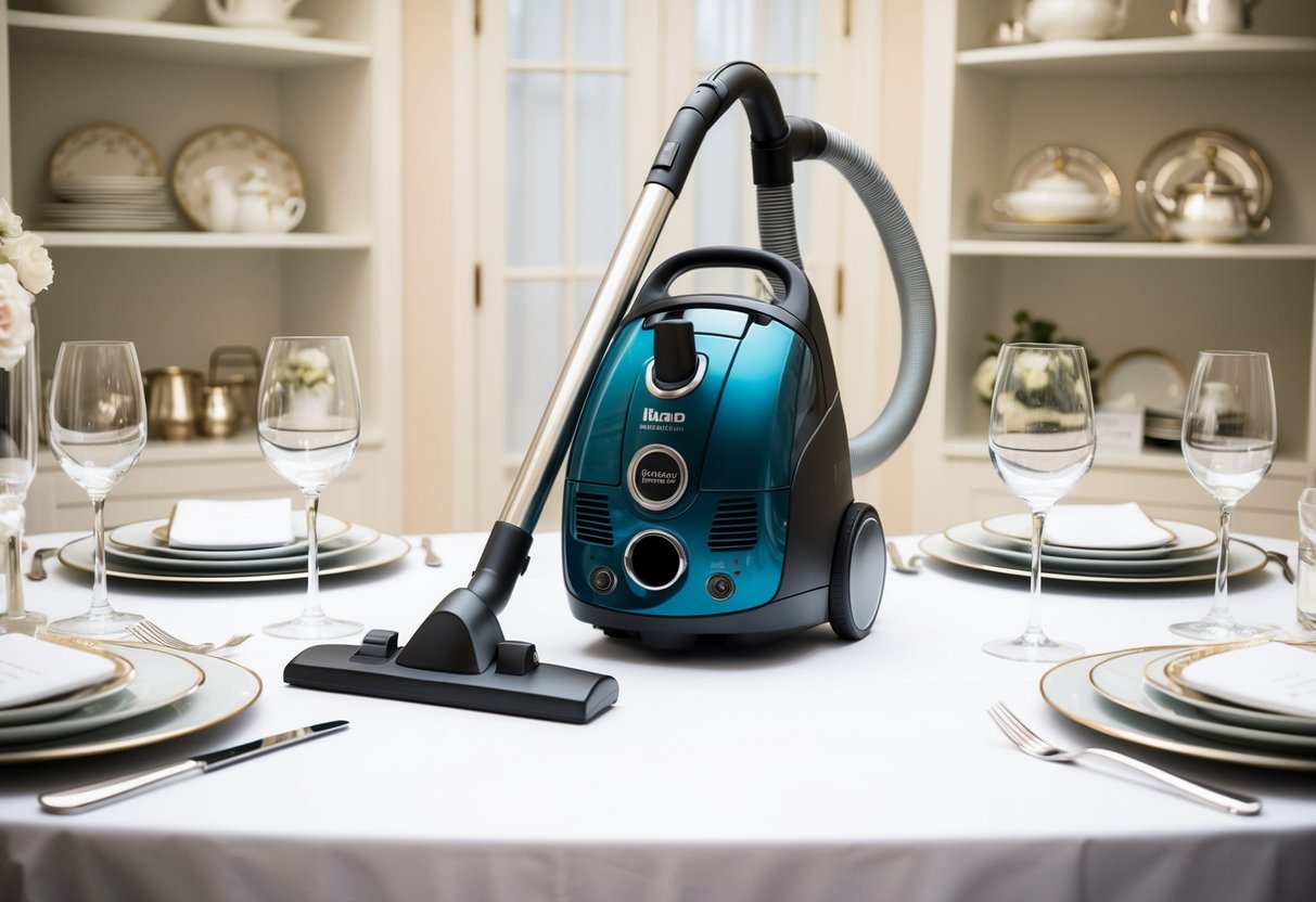 A vacuum cleaner placed on a pristine white wedding registry table, surrounded by elegant dinnerware and luxurious home appliances